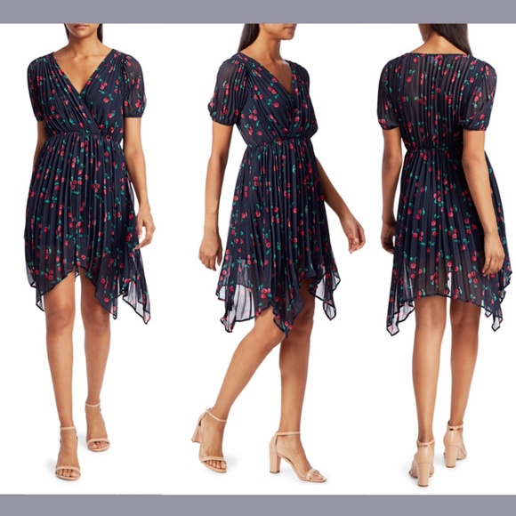 NWT $388 The Kooples [ 4‎ (XL) ] V-Neck Cherry Print Asymmetric Dress #G903 - Picture 1 of 14